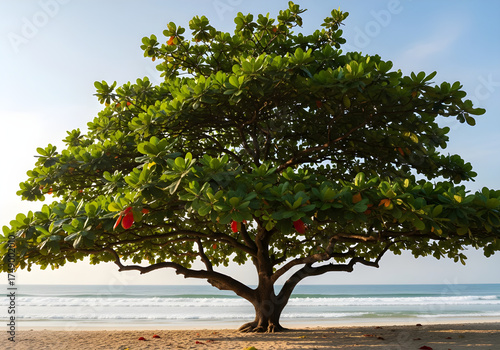 Tropical Terminalia Catappa Tree on Sandy Beach by the Sea