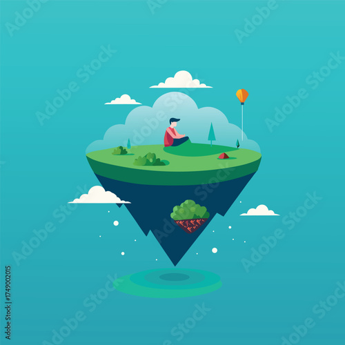 Person meditating on a floating island  isolated on white background
