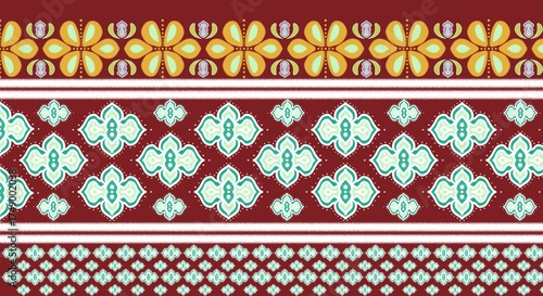 Vibrant Thai/Ethnic fabric pattern. Ikat, Bohemian, Vintage floral motif in maroon and mint green. Perfect for background, textile, wallpaper, fashion.