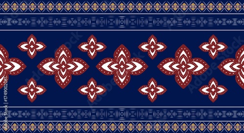 Rich Indigo Ethnic textile pattern. Traditional tribal Ikat with flowers and geometric borders for fashion, fabric print, or wallpaper.