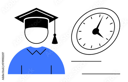 A graduate figure in a cap beside a clock emphasizing time, education, and achievement. Ideal for success, planning, scheduling, deadlines, academic goals, hard work simple flat metaphor