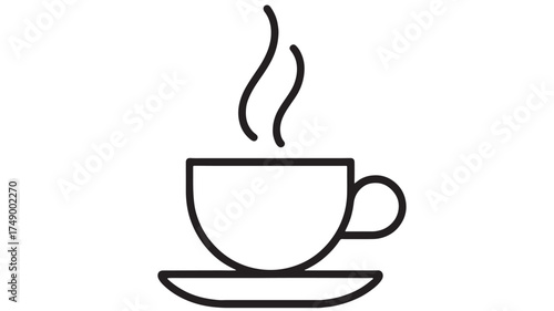Steaming cup of coffee on a saucer, simple line art illustration