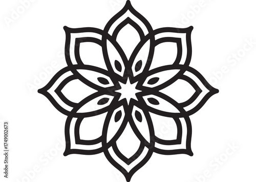 Intricate black and white mandala design with floral symmetry and geometric patterns