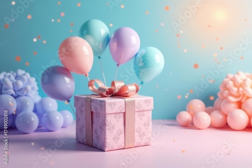 A Pink Gift Box Surrounded by Pastel Balloons and Confetti on a Soft Pink Surface