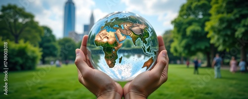 Hands Cradling a Transparent Globe with Map of Africa and Europe