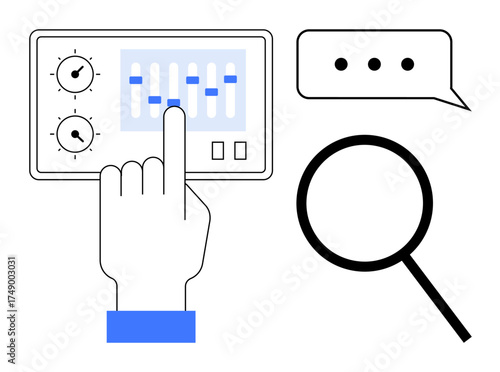 Hand interacting with sliders and dials on a control panel, magnifying glass, and speech bubble. Ideal for analytics, decision-making, communication, technology, research, observation