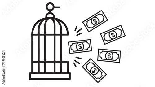 Money flying out of an open birdcage, symbolizing financial freedom or escape from debt.