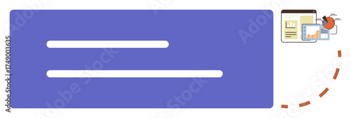 Blue bar with text lines paired with bug icon tracking analysis on diverse screens. Ideal for software, debugging, data, programming, troubleshooting, IT systems management, simple flat metaphor
