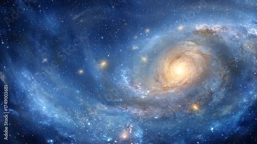 Vibrant spiral galaxy in deep space, featuring a bright core and countless stars within a cosmic nebula. Astronomical universe background.