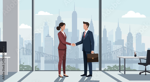 Office deal handshake cityscape