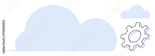 Large and small clouds beside a cogwheel, symbolizing cloud computing, system optimization, and data management. Ideal for technology, innovation, IT solutions, data synchronization, development