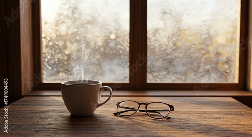 Cozy Morning Coffee Beside Window Rustic Wood Table Relaxation Scene