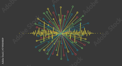 An abstract digital sound wave visualization with radiating colorful lines representing data connectivity and technological communication.