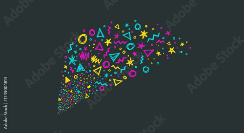 A vibrant burst of hand-drawn abstract geometric shapes in bright yellow, magenta, and cyan forms a dynamic, playful background on a dark charcoal surface.
