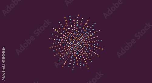 A mesmerizing abstract pattern of small, colorful dots radiates outwards in a vibrant, artistic display against a deep, muted background.