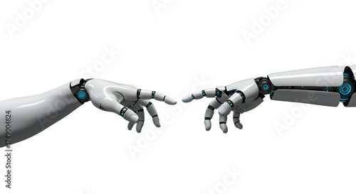 Creative intersection of digital and organic: human and robot hands in symmetry over a modern circuit background and blue glows. Isolated on transparent background, png