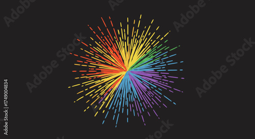 A vibrant abstract explosion of colorful lines radiating outwards on a dark background, symbolizing energy, diversity, and dynamic movement.