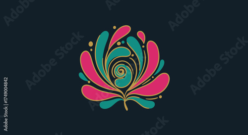 A beautifully rendered abstract floral design bursts with vibrant pink and teal hues, featuring a delicate golden outline and a captivating central spiral.