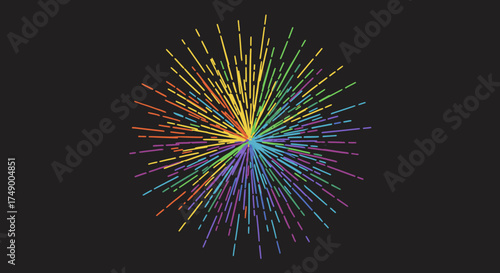 A dynamic abstract illustration featuring a vibrant radial explosion of rainbow-colored lines spreading outward from a central point on a dark background.