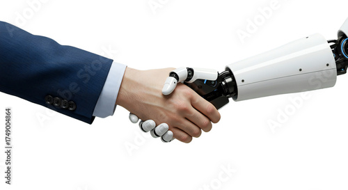 Symmetrical minimalist handshake, human in indigo-blue sleeve and pristine white robot, clean soft lighting, monochrome, professionalism, isolated on transparent background, png