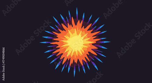 Abstract illustration of a dynamic energy burst, featuring a bright yellow core with fiery orange and blue-purple spikes on a dark backdrop.