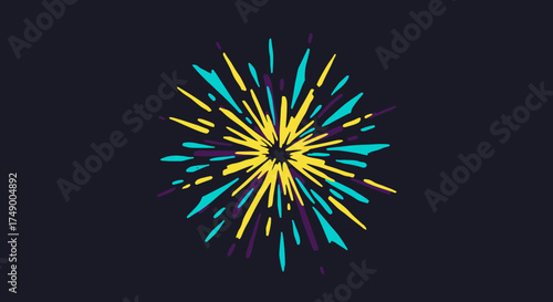 A vibrant and dynamic abstract explosion of colorful lines bursts outwards from a central point against a dark background, symbolizing celebration and energy.