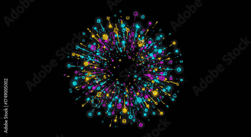 A vibrant abstract explosion of colorful lights radiates outwards against a deep black background, symbolizing celebration, energy, and dynamic motion.
