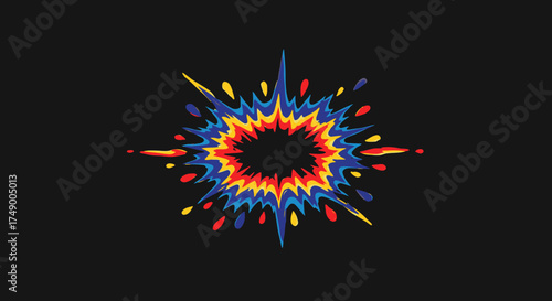 A vibrant, dynamic abstract explosion illustration in a comic book style, bursting with colorful splatters and radiating energy from a central dark void.