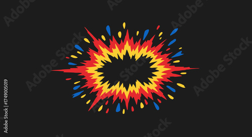 A dynamic and colorful comic book style explosion graphic bursts with vibrant red, yellow, and blue hues against a dark background, symbolizing impact and energy.