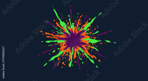 A striking abstract explosion of neon green, vivid orange, and deep purple paint splatters radiates dynamically from a central point on a dark background.