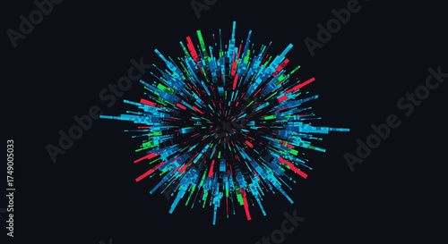 A vibrant digital explosion of blue, green, and red particles radiates outward, symbolizing dynamic energy and technological innovation.