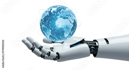 High-key, symmetrical scene with a male robot hand supporting a crystalline, holographic communication globe. Isolated on transparent background, png