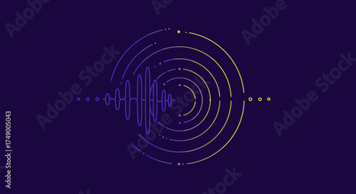 An elegant abstract visualization of sound or digital data, featuring concentric circles and a dynamic central waveform in vibrant gradient colors.