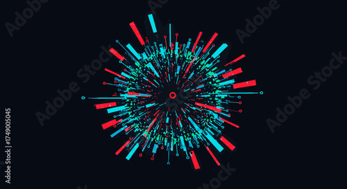 A dynamic digital explosion of vibrant red and cyan particles bursts from a central point, creating an energetic and futuristic abstract background for modern design.