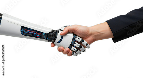 Top-down handshake: human and mechanical AI hand blend silicon/flesh from ultra-thin diagonal tablet. Modern, minimal, editorial. Isolated on transparent background, png