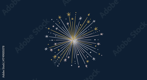 An elegant illustration depicting a celebratory starburst explosion with shimmering gold and silver light rays on a sophisticated dark blue canvas.