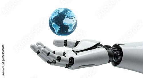 Ultra-detailed close-up: robot hand presents a floating digital globe with blue lights and data streams, immaculate on transparent background, png