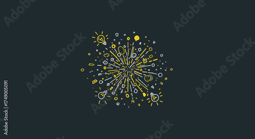A dynamic and abstract illustration depicting a burst of innovative ideas, with glowing lightbulbs and intricate elements radiating outward on a dark, minimalist background.