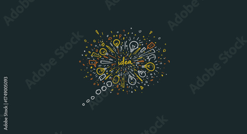 An intricate illustration depicting a burst of creative ideas and innovative concepts emanating from a thought bubble, symbolizing brainstorming and inspiration.