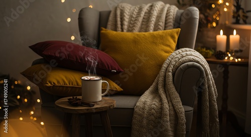 Cozy Winter Holiday Still Life Warm Drink and Lights Relaxation