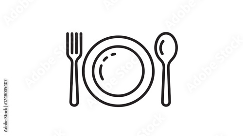 Simple line illustration of a plate with fork and spoon, ready for a meal.