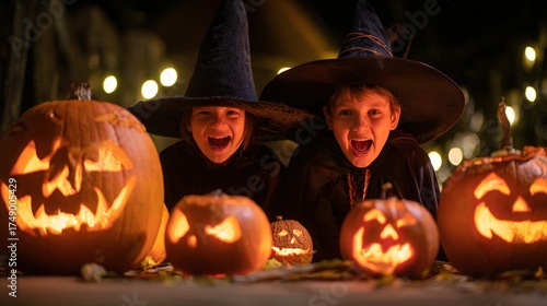 Adorable Kids Dressed in Cute Costumes Gather Around Glowing Pumpkin Lanterns on a Cozy Halloween Night, Laughing and Sharing Sweet Treats—Capturing Warm, Whimsical Moments of Childhood Joy Under the 