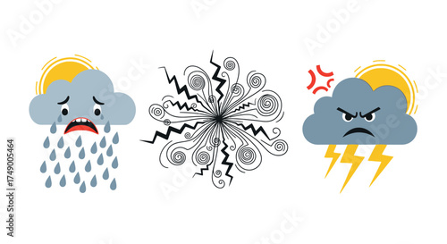 Weather Icons Depicting Rain, Wind, and Thunderstorm Conditions.
