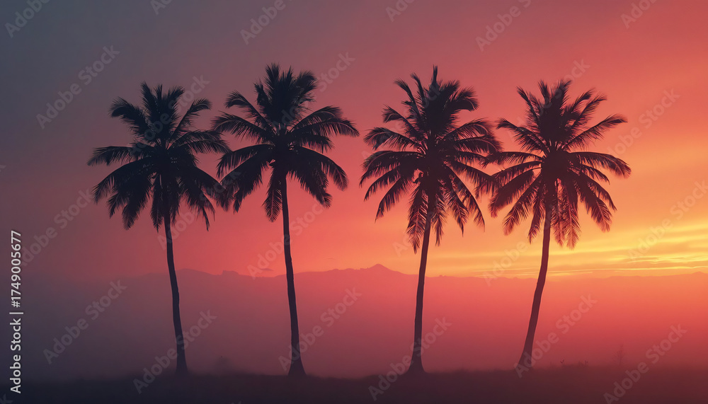 Obraz premium Silhouetted Palm Trees Against Sunset Sky