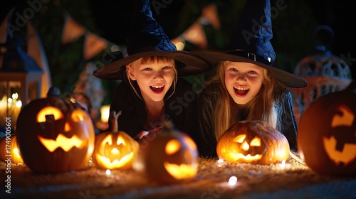 Adorable Kids Dressed in Cute Costumes Gather Around Glowing Pumpkin Lanterns on a Cozy Halloween Night, Laughing and Sharing Sweet Treats—Capturing Warm, Whimsical Moments of Childhood Joy Under the 