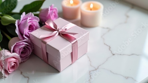 A delicate pink gift box tied with a satin ribbon rests on a marble surface, accompanied by a bouquet of fragrant pink roses and softly glowing candles, creating a serene and romantic ambiance.