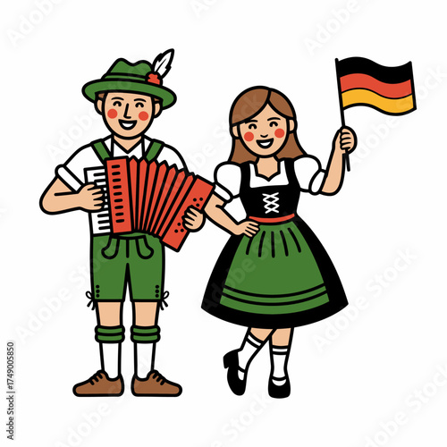 German Couple In Traditional Oktoberfest Costume Illustration