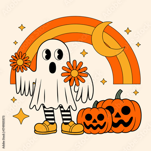 Cute Ghost and Pumpkin Halloween Rainbow Illustration
