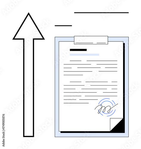 Clipboard with a signed document and large upward arrow highlighting progress, growth, or approval. Ideal for workflow, agreement, business success, professional growth, communication, submission