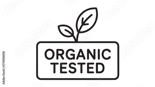 Simple line art badge indicating organic and tested quality with sprouting leaves